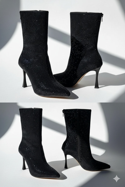 leopar by çetinay MR890 Noir Crystal Boot | Kadın Siyah Taş Detaylı İnce Topuklu Bilekte Zarif Gece & Davet Botu