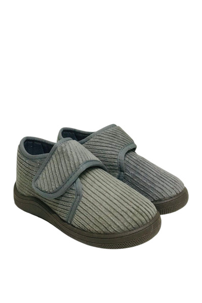 KU&PA SHOES Pas Gray Striped Velvet Kids Unisex Slippers Shoes Velcro Anti-Slip Sole Home Slippers Kp-1006
