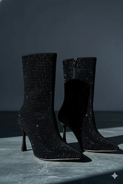 leopar by çetinay LVN890 Noir Crystal Boot | Kadın Siyah Taş Detaylı İnce Topuklu Bilekte Zarif Gece & Davet Botu