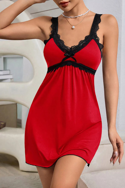 CATHECAT Red Lace Strap Bow Detailed Mini Dress