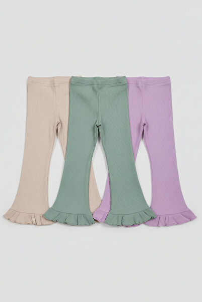 Magu Girls' Cotton Ribbed Ruffle Leggings – Set of 3 Colorful Pieces