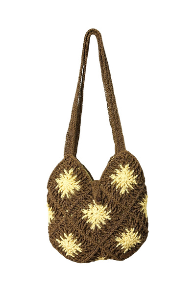 N QUEEN COLLECTION Handmade Brown Paper String Knitted Sun Patterned Women's Shoulder Bag