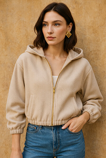 Pissos Corded Fabric Textured Zippered Hooded Stone Jacket – Oversized Women'...