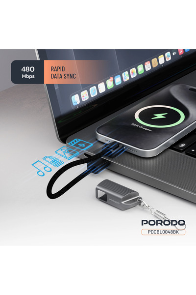 porodo سلسلة مفاتيح كابل زنك نايلون غلاف زنك + نايلون مضفر C إلى L الإخراج: 5 فولت/3 أمبير، 9 فولت/2 أمبير