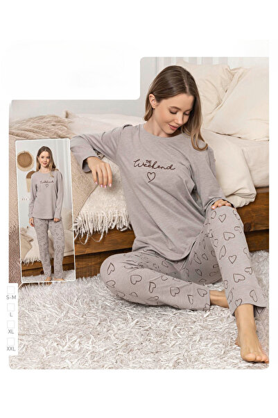 İpek Women's Long Sleeve Crew Neck Heart Pattern Cotton Pajama Set