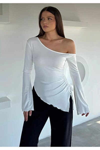 Be Best Women's White One Shoulder Spanish Sleeve Smocked Blouse Be201