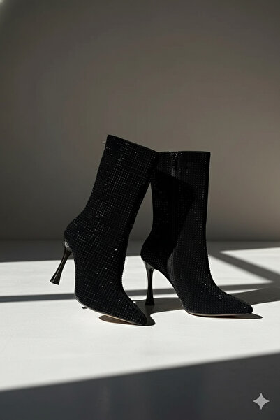 leopar by çetinay MR890 Noir Crystal Boot | Kadın Siyah Taş Detaylı İnce Topuklu Bilekte Zarif Gece & Davet Botu
