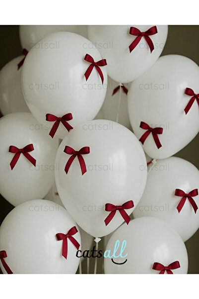 catsall 🎀Bordo Kurdeleli Balon Seti 🎈 (10 Beyaz Balon + 30 Yapışkanlı Kurdele)