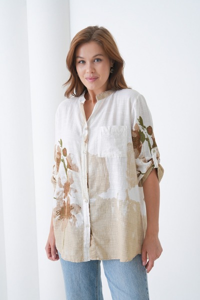 EKİNORA Çiçek Desenli İtalyan Keten Gömlek