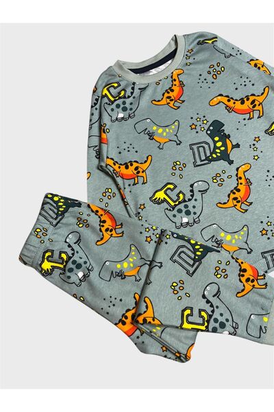 elmas kids Boy's 100% Cotton Green Dinosaur Patterned Long Sleeve Pajama Set