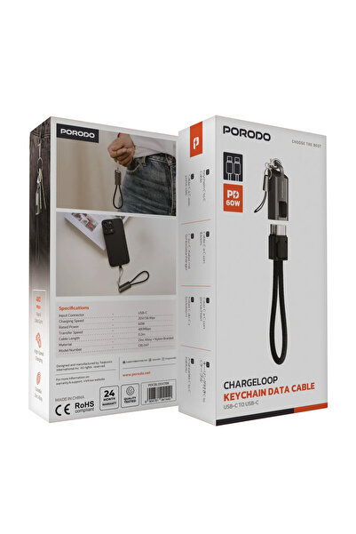 porodo سلسلة مفاتيح كابل زنك نايلون غلاف زنك + نايلون مضفر C إلى C الإخراج: 20 فولت / 3 أمبير