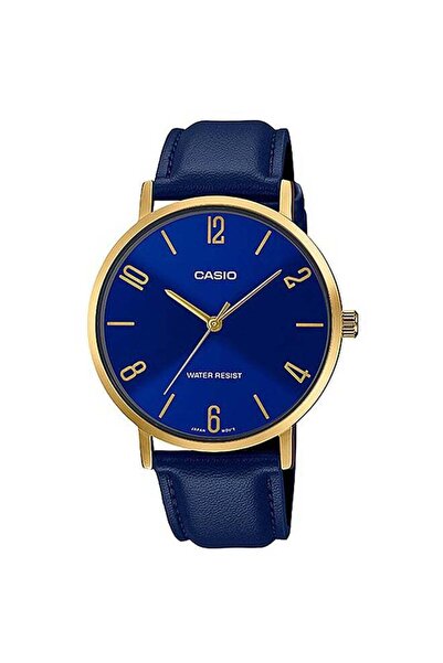 Casio Men's Leather Analog Quartz Wrist Watch MTP-VT01GL-2B2UDF Blue/Gold - 4...
