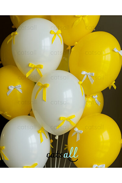 catsall 🎀 Sarı Beyaz Kurdeleli Balon Seti 🎈 (10 Balon + 30 Yapışkanlı Kurdele)