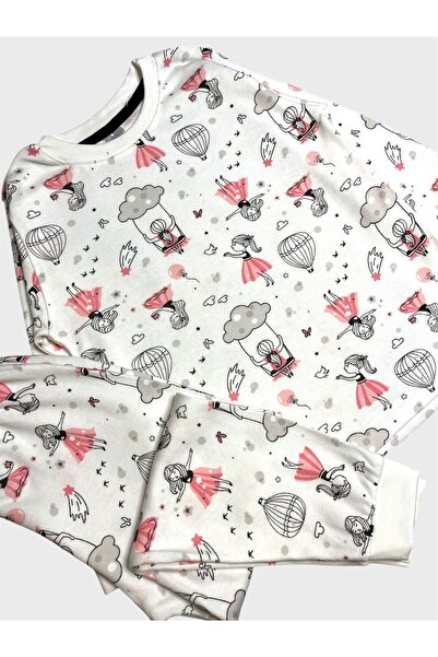 elmas kids Girls' 100% Cotton White Balloon Swing Cloud Patterned Long Sleeve Pajama Set