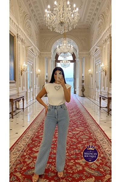 Taşlı Kalp detay Triko Tshirt