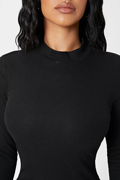 Zikuv Giyim ve Moda Tasarım Black Ribbed Knit Turtleneck Long Sleeve Bodycon Mini Dress