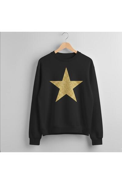 Tr de ilk Gold gerçek simli baskı yıldız desen sweatshirt 3 iplik şardonlu oversize