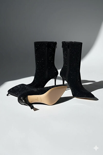 leopar by çetinay MR890 Noir Crystal Boot | Kadın Siyah Taş Detaylı İnce Topuklu Bilekte Zarif Gece & Davet Botu