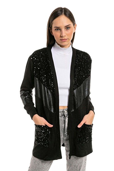 Sep Butik Sequins and Leather Detail Plus Size Cardigan