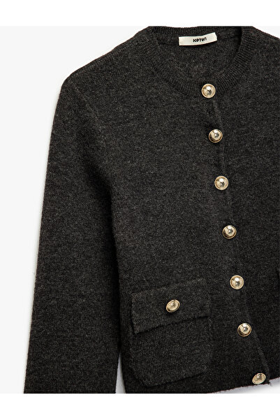 Koton Gold Button Detailed Long Sleeve Crew Neck Knitwear Cardigan with Pockets
