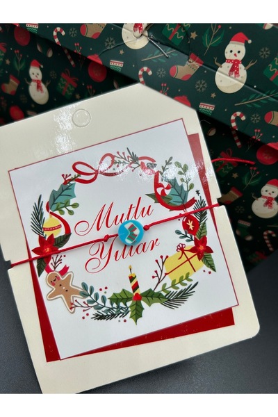 ByMerve Yılbaşı Hediyesi Mavi Kareli Çorap Objeli Ayarlanabilir Kırmızı İp Bi...