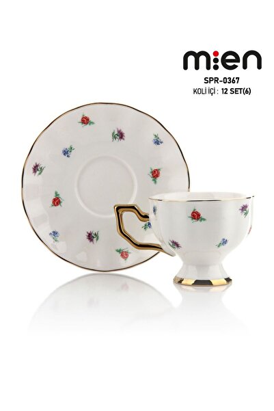 MİEN SPR-0367 Çiçek Desenli Gold Detaylı Porselen Kahve Fincan Takımı 6’lı