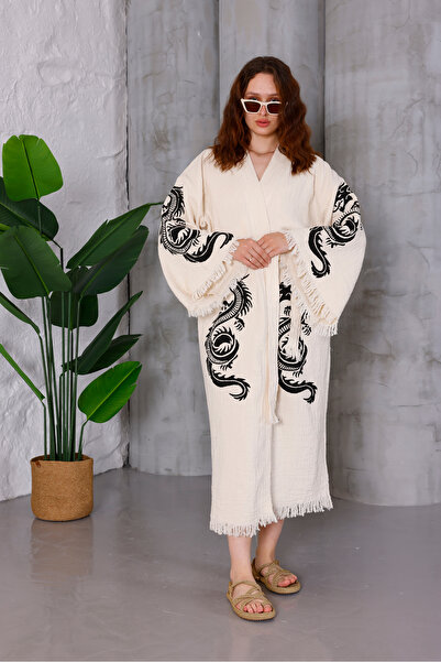 Breeze Home Textile Breeze Home Müslin Kimono %100 Pamuklu Ejderha Baskılı De...