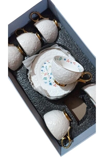 MİEN Spr-0369 Embossed Patterned Floral Motif Gold Detailed Porcelain Coffee Cup Set of 6