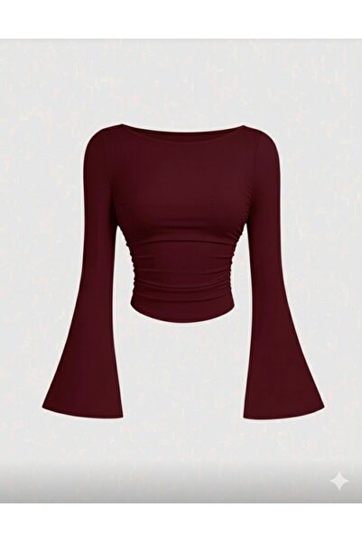 Shein Boutique Boat Neck Bell Sleeve Side Ruched Blouse Crop