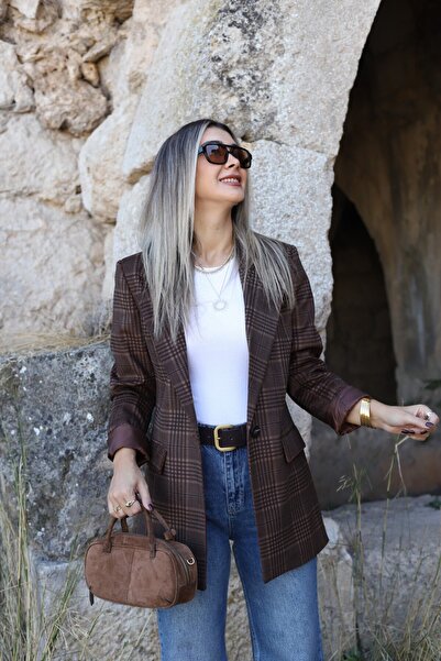 bytugcekaya Καφέ καρό μπλέιζερ μπουφάν