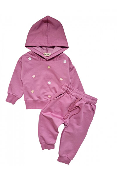 Miniworld Girls' 2-piece cotton tracksuit, decorative flower applications, Purple
