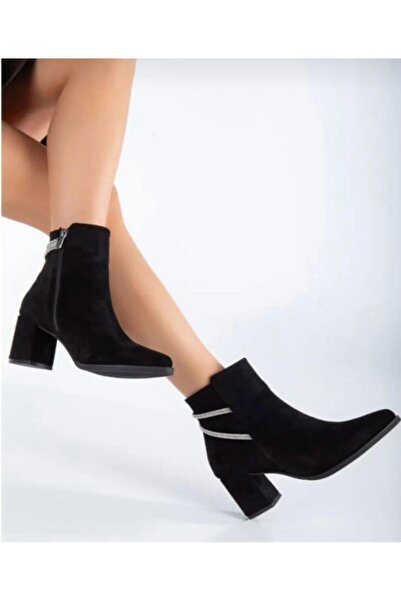 RVNS SHOES Kadın Siyah Süet Parlak Zincir Detaylı Fermuarlı Topuklu Klasik Bot Ayakkabı