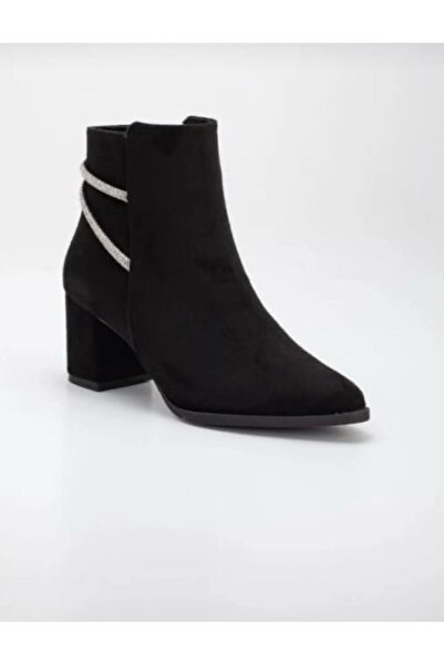 RVNS SHOES Kadın Siyah Süet Parlak Zincir Detaylı Fermuarlı Topuklu Klasik Bot Ayakkabı