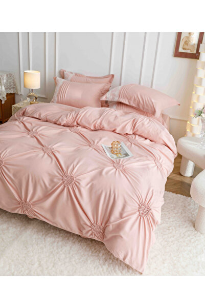 CASIMI Bed Linen, 6 Pieces, Embroidered Hearts, Premium Finet - Powder Pink