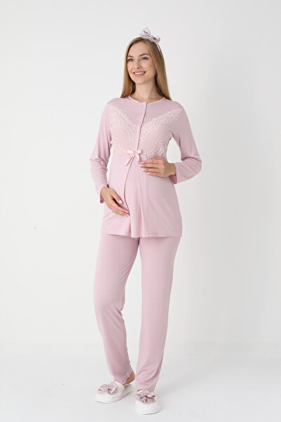 BLACKMORE Women's Powder Special Lace Detailed Design Cotton Maternity Pajamas 3-Piece Set