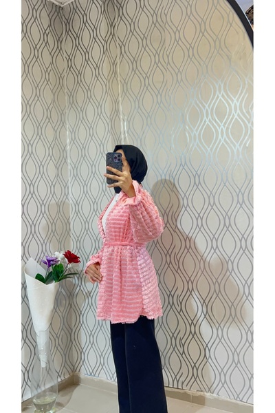 DİLEKBUTİK Pink Feathered Unlined Belted Kimono