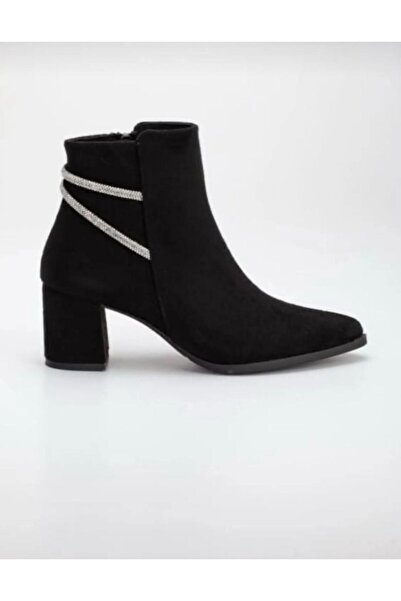 RVNS SHOES Kadın Siyah Süet Parlak Zincir Detaylı Fermuarlı Topuklu Klasik Bot Ayakkabı