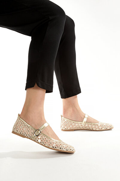 LUNA SHOES Balerini pentru femei Gold Gold Lace Mary Jane - Pantofi de zi cu zi, eleganti și strălucitori