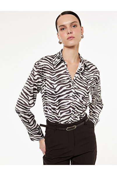 Koton Long Sleeve Buttoned Zebra Print Classic Collar Satin Shirt