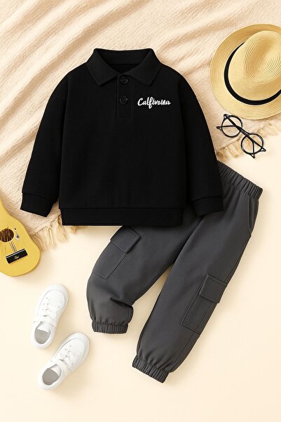 tunays shopping Boy's 3-10 Years Old Polo Neck Black Sweatshirt and Cargo Pocket Piece Jogger Set