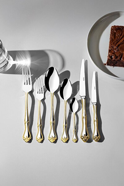 Nehir Lalezar Altın Sade 12-Person 89-Piece Cutlery Set with Leather Case.
