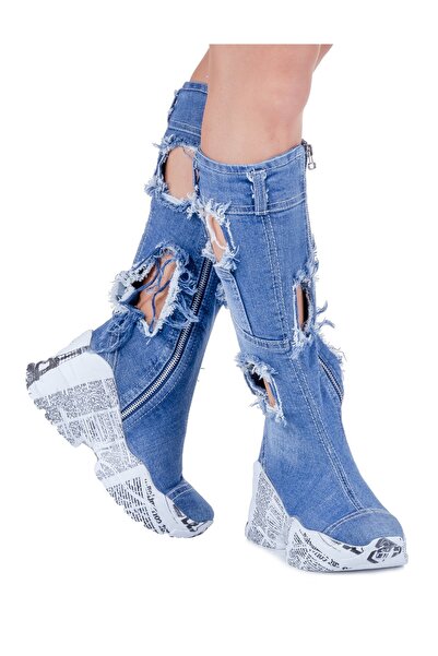 Butik Jeanolog Ripped Below-Knee Denim Boots Wedge Heel Orthopedic Sole