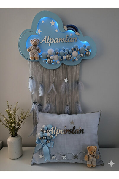 Yavuz Süs Işıklı Pembe & mavi püsküllü Bulut Kapı Süsü&Yastık Takım