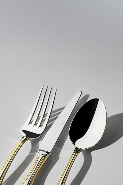Nehir Lalezar Altın Sade 12-Person 89-Piece Cutlery Set with Leather Case.