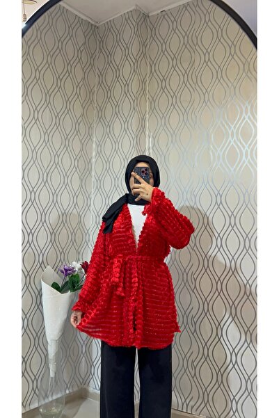 DİLEKBUTİK Red Feathered Unlined Belted Kimono