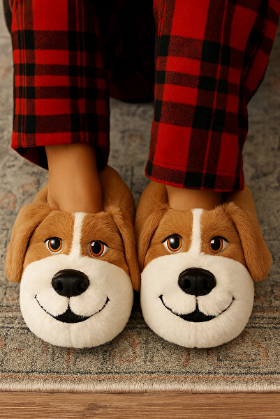 ALB TERLİK AYAKKABI SAN. TİC. LTD. ŞTİ. Плюшени пантофи във формата на куче - плюшени, унисекс пантофи, топли домашни пантофи, удобни и уютни пантофи