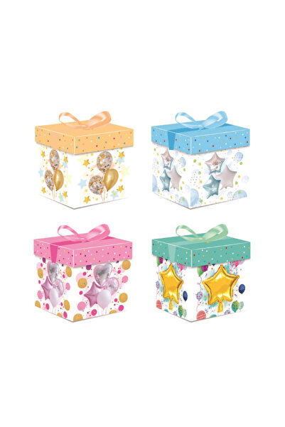 Mirific Party Set of 4 multicolor gift boxes, 15 x 15 x 15 cm, various designs, balloons