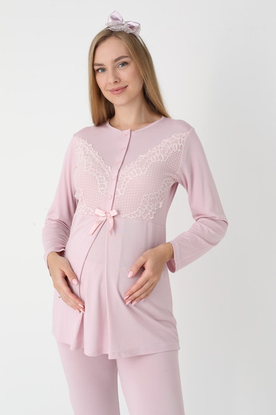 BLACKMORE Women's Powder Special Lace Detailed Design Cotton Maternity Pajamas 3-Piece Set