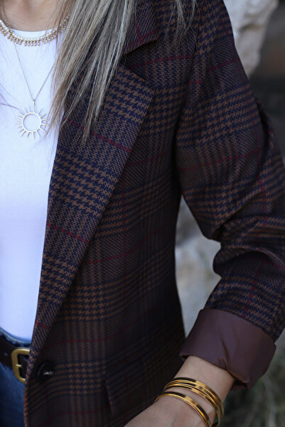 bytugcekaya Coffee burgundy plaid blazer jacket