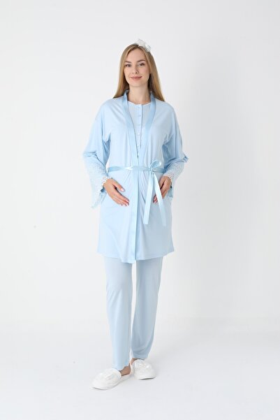 BLACKMORE Women's Blue Special Lace Detailed Design Cotton Maternity Pajamas 3-Piece Set